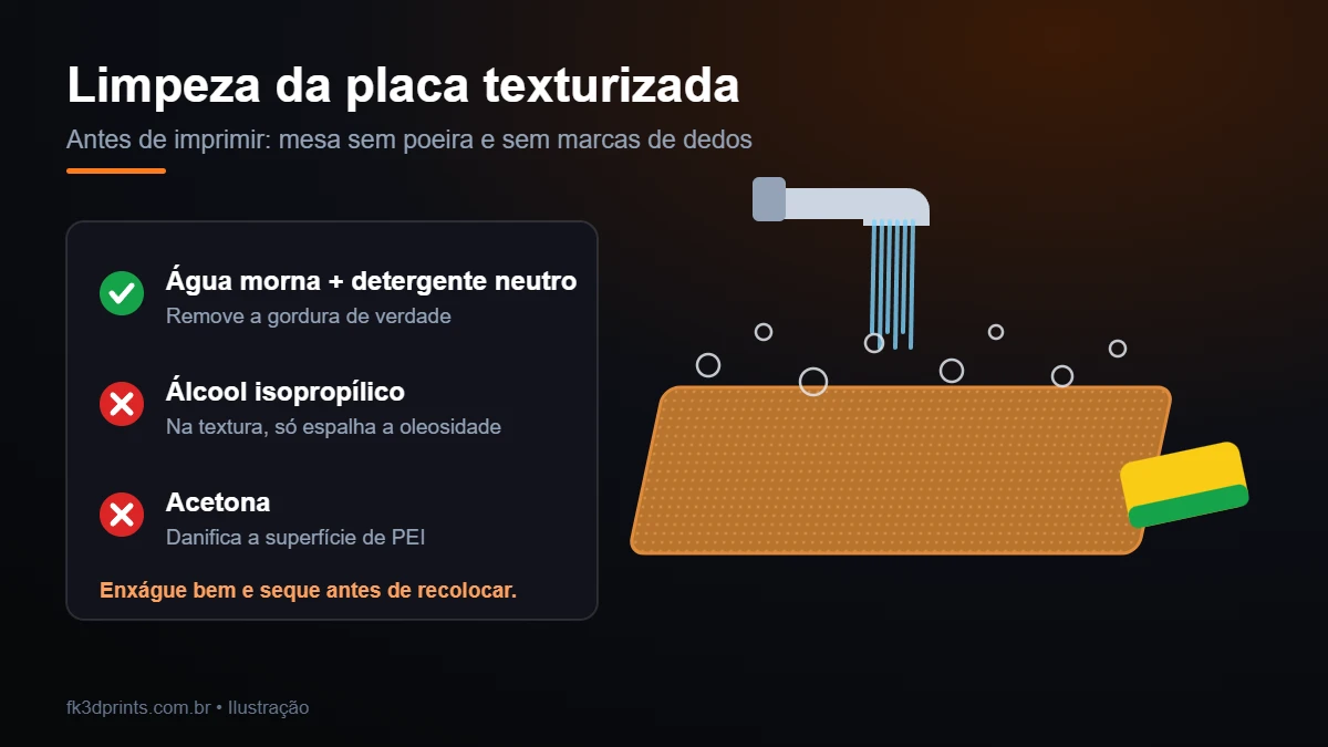 Ilustração da placa texturizada sendo lavada com água morna e detergente neutro, sem álcool isopropílico e sem acetona